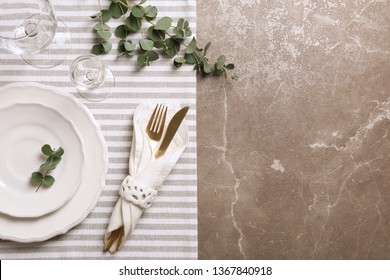 Stylish Elegant Table Setting On Marble Background, Top View. Space For Text