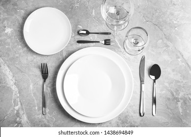 Stylish Elegant Table Setting On Grey Marble Surface, Top View