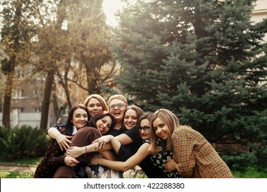 Stylish Elegant Women Having Fun At Celebration In Sunny Park, Funny Moment Concept, Gathering Together