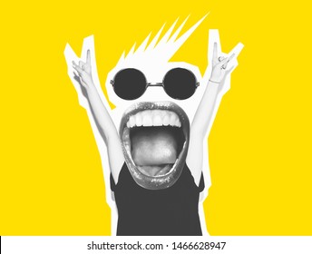 Stylish fashion, sexy blonde, bad crazy girl in a black T-shirt and rock glasses scream, holding her head. Dangerous rocky emotional woman. Black and white tone yellow color. Rock festival.