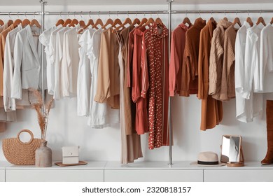 Stylish female clothes hanging in boutique - Shutterstock ID 2320818157