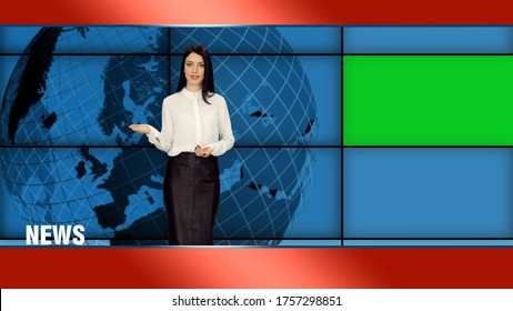 Stylish Female News Presenter In White Blouse And Black Skirt Reporting In Tv Studio With Green Screen