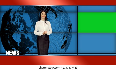 Stylish Female News Presenter In White Blouse And Black Skirt Reporting In Tv Studio With Green Screen