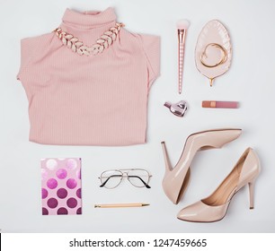 Stylish Feminine Accessories Flat Lay. Outfit In Beige And Pale Pink Colors.