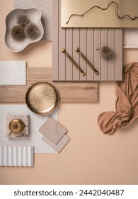 Stylish flat lay composition in beige and gray color palette with textile and paint samples, panels and tiles. Architect and interior designer moodboard. Top view. Copy space.
