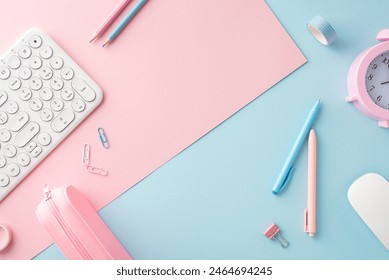 A stylish flat lay of pastel-colored office supplies, featuring a keyboard, pens, and other accessories on a soft pink and blue backdrop - Powered by Shutterstock