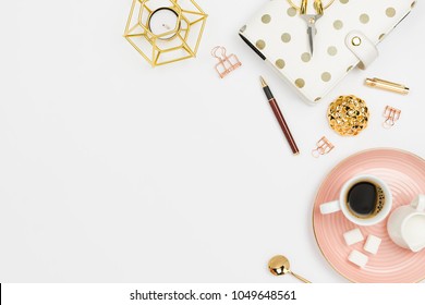 Stylish Flatlay Arrangement With Coffee, Milk Holder, Planner, Glasses And Other Stationary Accessories. Feminine Business Mockup, Copyspace, White Background