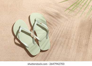 Stylish flip-flops and shadow of tropical leaf on sand as background, closeup