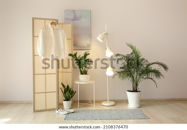 Stylish\
folding screen with houseplants in room\
interior
