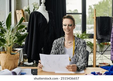 A stylish gender fluid fashion designer reviews design sketches in a bright, lively studio filled with inspiration. - Powered by Shutterstock