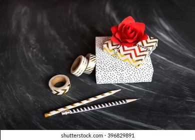 Stylish Gift Wrapping With Paper Rose And Gold Washi Tape