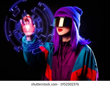 Stylish Girl In Cyber Punk Glasses And 80s Tracksuit With 3D Secure On Dark Background