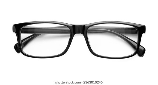 Stylish glasses with black frame isolated on white, top view