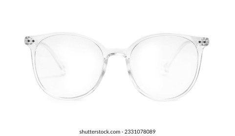 Stylish glasses with transparent frame isolated on white