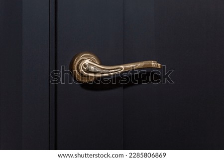 Stylish gold handle on a black door. Modern trends in interior design. Close-up.