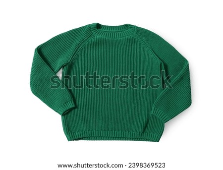 Stylish green knitted sweater isolated on white, top view