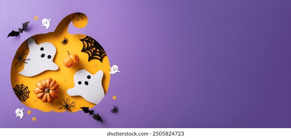 Stylish Halloween scene featuring paper ghosts, pumpkins, and bats on a purple background. Ideal for festive decoration or advertisement designs - Powered by Shutterstock