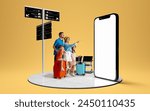 Stylish happy young family, man, woman and children standing with suitcases, pointing at 3D model of mobile phone screen. Travelling destination. Concept of vacation, Internet service, booking tickets