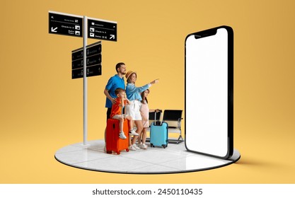 Stylish happy young family, man, woman and children standing with suitcases, pointing at 3D model of mobile phone screen. Travelling destination. Concept of vacation, Internet service, booking tickets - Powered by Shutterstock