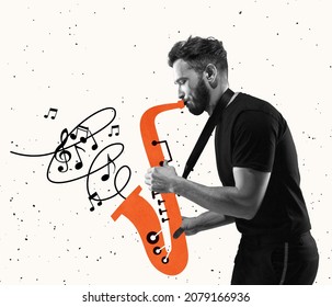 Stylish hipster, man playing saxophone on light background. Copy space for ad, text. Modern design. Conceptual, contemporary art collage. Retro styled, surrealism, fashionable. Idea, aspiration