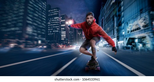 Stylish hipster man in red hoodie shirt and baseball cap cruises with high speed on a longboard in the streets of a downtown district then he got chased by a crazy sport car driver - Powered by Shutterstock