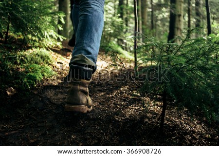 stylish hipster traveler walking in sunny forest in the mountains