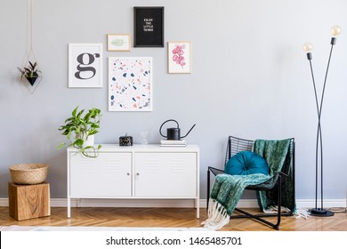 Stylish Home Interior Of Living Room With Mock Up Posters Gallery Wall, White Shelf, Black Armchair, Plants, Flowers, Lamp And Elegant Accessories. Gray Background Walls. Scandi Home Decor. Template.