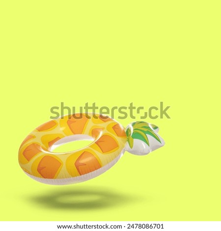Stylish inflatable pineapple shaped ring in air on yellow background. Space for text
