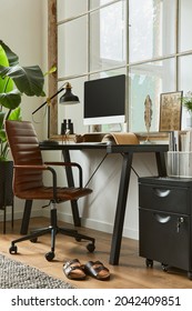 Stylish Interior Design Composition Of Modern Masculine Home Office With Black Industrial Desk, Brown Leather Armchair, Pc And Stylish Personal Accessories. Template.