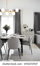 Stylish Interior Dinning Table With Comfortable Gray Color Real Photo Modern Dinner Area