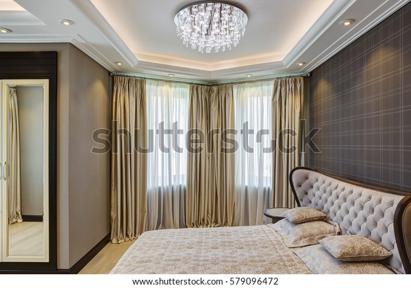 Stylish Interior Empty Bedroom Crystal Chandelier Stock