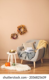 Stylish Interior Of Living Room With Autumn Decor