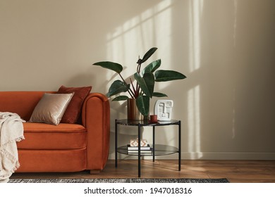 Stylish Interior Of Living Room At Fancy Home With Design Sofa, Marble Side Table, Plant, Pillow, Blanket, Book And Personal Accessories In Modern Home Decor. Template. Copy Space.