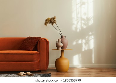 Stylish Interior Of Living Room At Fancy Home With Design Sofa, Yellow Side Table,  Dried Flowers, Pillow, Carpet Decor And Personal Accessories In Modern Home Decor. Template. Copy Space.