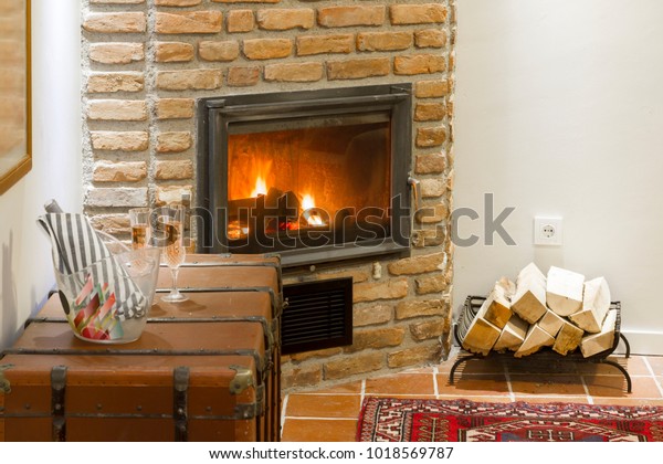 Stylish Interior Living Room Fireplace Wine Stock Photo