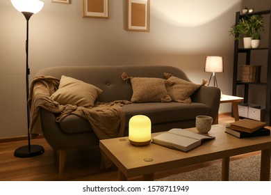 Stylish Interior Of Living Room At Night