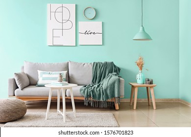 Stylish Interior Of Living Room In Turquoise Color