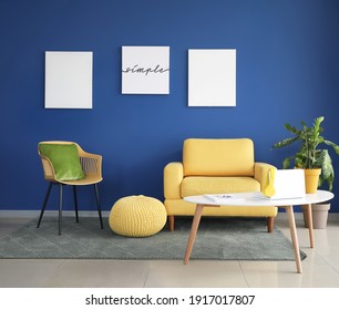 Stylish Interior Of Living Room With Yellow Furniture And Carpet