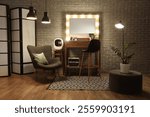 Stylish interior of modern dressing room with cosmetic refrigerator and glowing lamps in evening