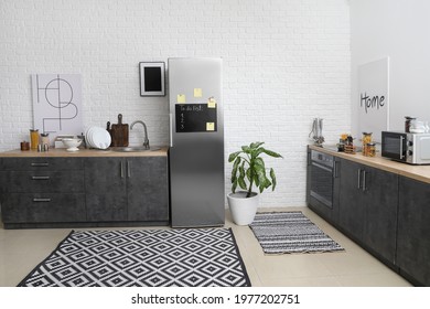 Stylish Interior Of Modern Kitchen With Big Refrigerator