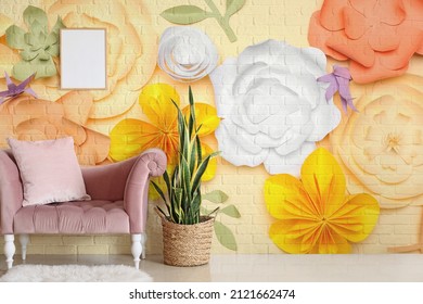 Stylish interior of room with beautiful flowers on wall - Shutterstock ID 2121662474
