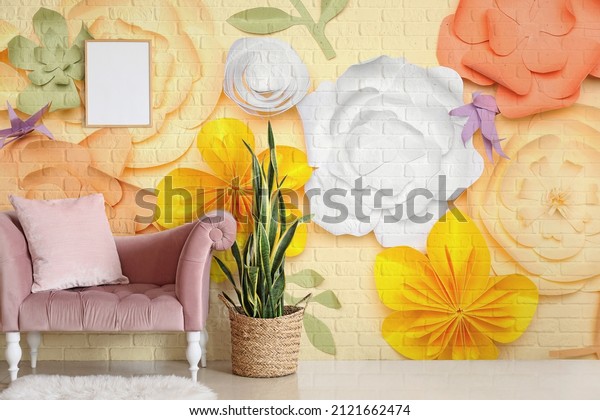 Stylish interior of room with beautiful flowers on wall. Mural ideas. 