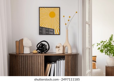 Stylish interior with a wooden cabinet plants, decorative objects, and books. A vibrant mock up art piece featuring a sunburst design adds a pop of color. Minimalist home decor. Template. - Powered by Shutterstock