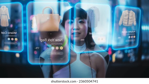 Stylish Japanese Young Woman Interacting with Augmented Reality Platform in a Technologically Advanced Room with Futuristic Cyberpunk City in the Background. Beautiful Girl Doing Online Shopping - Powered by Shutterstock