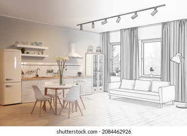 Stylish kitchen interior with modern furniture. Combination of photo and sketch - Shutterstock ID 2084462926