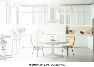 Stylish kitchen interior with modern furniture. Combination of photo and sketch - Shutterstock ID 2088124900
