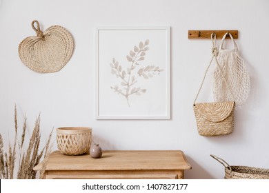 Stylish Korean Interior Of Living Room With White Mock Up Poster Frame, Elegant Accessories, Flowers In Vase, Wooden Shelf And Hanging Rattan Leaf, Bags. Minimalistic Concept Of Home Decor. Template. 