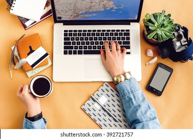 Stylish Laptop Pen Phone And Succulent On Craft Background Girl Hands Holding Coffee, Work And Planning Travel Concept, Flat Lay