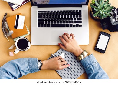 Stylish Laptop Pen Phone And Succulent On Craft Background Girl Hands Holding Coffee, Work And Planning Travel Concept, Flat Lay