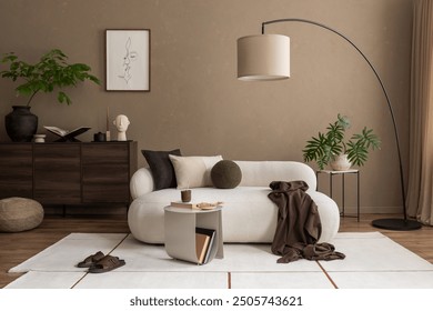 Stylish living room with a curved sofa, modern art, and a large floor lamp. Neutral colors and minimalist design offer a perfect space for relaxation. Template. - Powered by Shutterstock